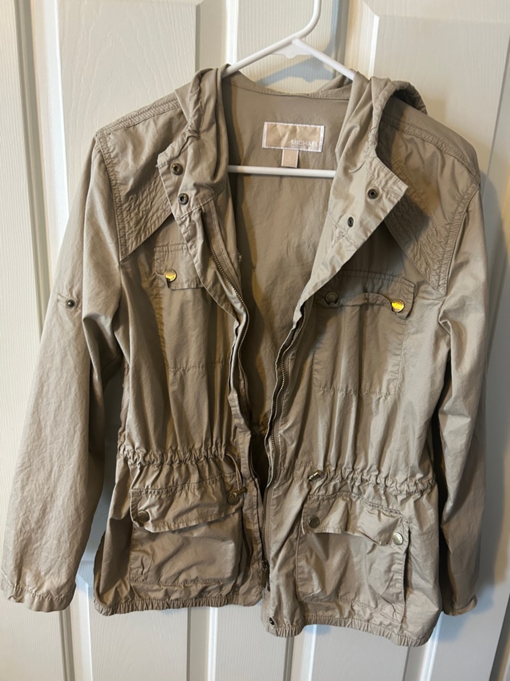 Michael Kors Taupe Utility Hooded Drawstring Jacket